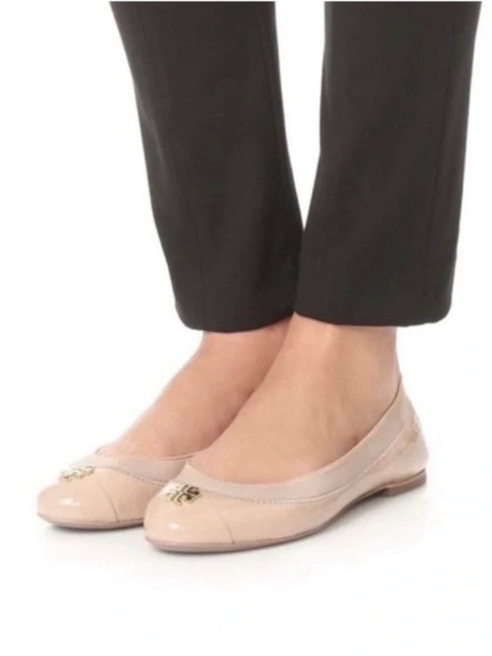 Tory Burch Beige Patent Leather Logo Jolie Ballet Flats 8.5